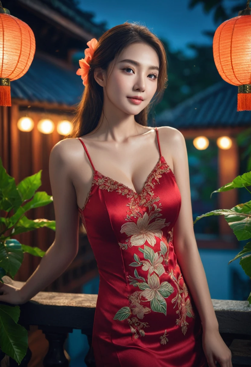 wearing red kebaya, (RAW photo, best quality), (realistic, photo-realistic:1.4), masterpiece, an extremely delicate and beautiful, extremely detailed, 2k wallpaper, Amazing, finely detail, extremely detailed CG unity 8k wallpaper, ultra-detailed, high resolution, soft light, beautiful detailed girl, extremely detailed eyes and face, beautiful detailed nose, beautiful detailed eyes, cinematic lighting, dramatic lighting, detailed background, background fantasy setting, night town, night time, on the roof, moonlight, dark theme, HIBISCUS deep forest background, perfect anatomy, soft light, smiling, 1girl warm lights, dramatic light, (intricate details:1.1), complex background, (rutkowski:0.66), (teal and orange:0.4)