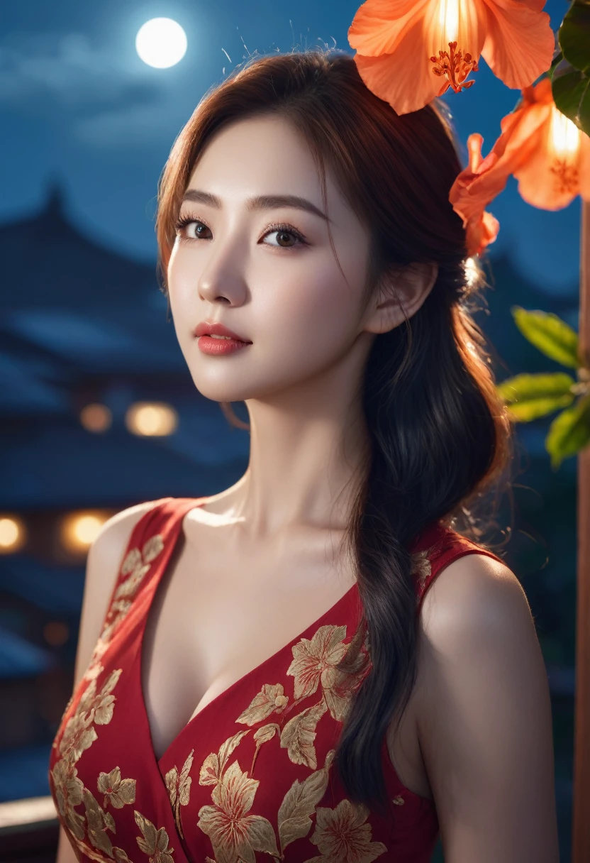 wearing red kebaya, (RAW photo, best quality), (realistic, photo-realistic:1.4), masterpiece, an extremely delicate and beautiful, extremely detailed, 2k wallpaper, Amazing, finely detail, extremely detailed CG unity 8k wallpaper, ultra-detailed, high resolution, soft light, beautiful detailed girl, extremely detailed eyes and face, beautiful detailed nose, beautiful detailed eyes, cinematic lighting, dramatic lighting, detailed background, background fantasy setting, night town, night time, on the roof, moonlight, dark theme, HIBISCUS deep forest background, perfect anatomy, soft light, smiling, 1girl warm lights, dramatic light, (intricate details:1.1), complex background, (rutkowski:0.66), (teal and orange:0.4)