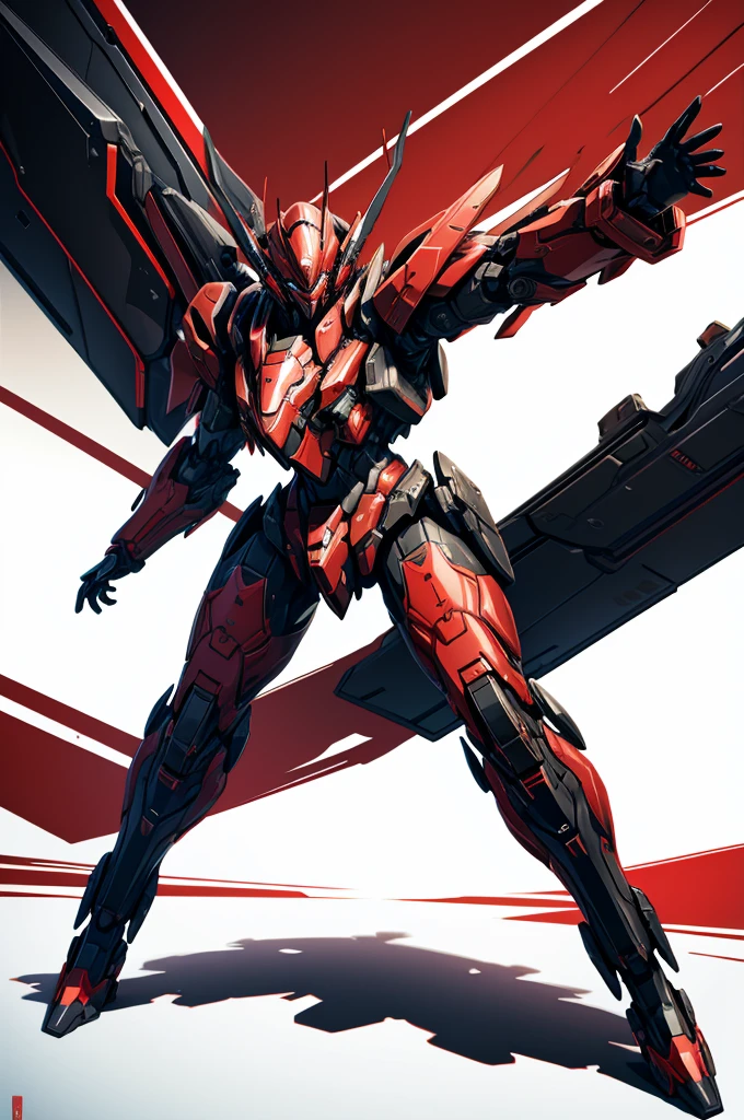 black and red mech, dynamic perspective,extremly detaled, dynamic pose, full body, evnagelion style, mech pilot, feminine shapes