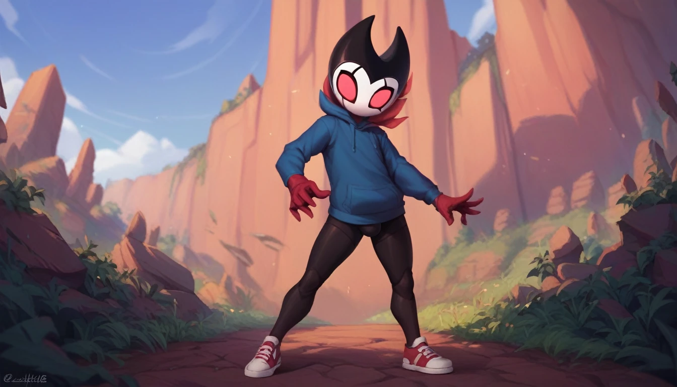 score_9, score_8_up, score_7_up, score_6_up, zPDXL2, grimm \(hollow knight\), vampire, bat, 1boy, solo, cute face, detailed eyes, anthro, landscape, looking at the viewer, highlight thighs, red sports gloves, sneakers, blue hooded sweatshirt, outdoor, In the woods, front view, from view