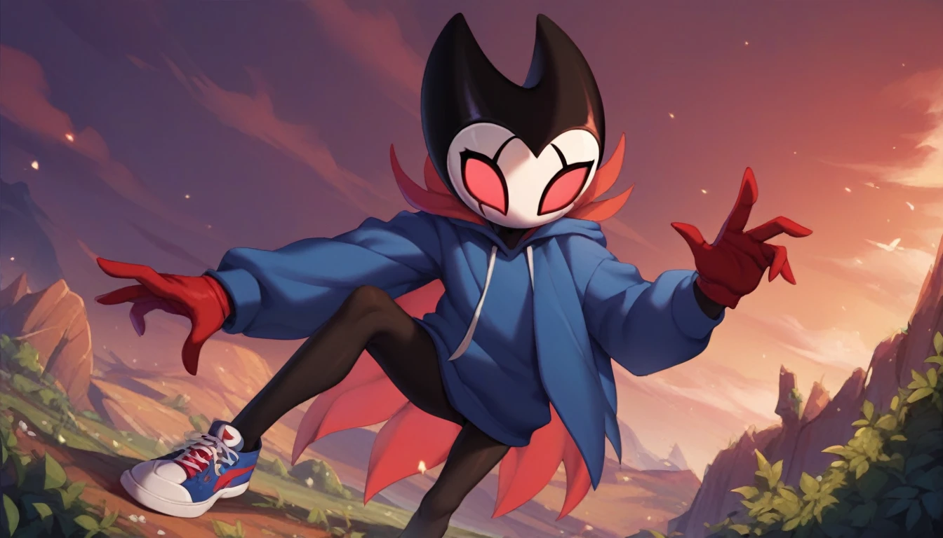 score_9, score_8_up, score_7_up, score_6_up, zPDXL2, grimm \(hollow knight\), vampire, bat, 1boy, solo, cute face, detailed eyes, anthro, landscape, looking at the viewer, highlight thighs, red sports gloves, sneakers, blue hooded sweatshirt, outdoor, In the woods, front view, from view