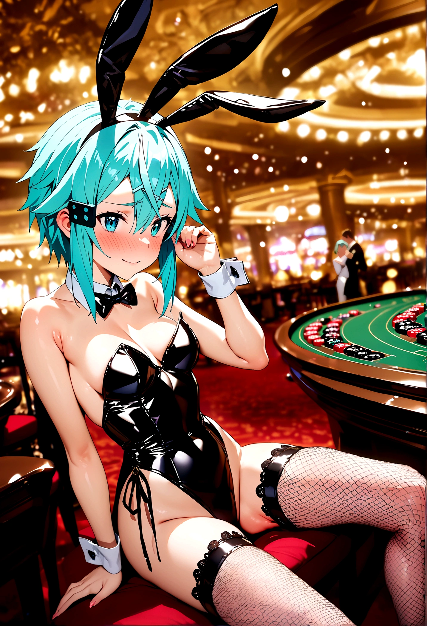 NSFW,masterpiece,Highest quality,High resolution,Super detailed,Sinon\(Sword Art Online\),Playboy Bunny,Streaks,Large fishnet stockings,Embarrassed,expectant face,Bad smile,blush,casino