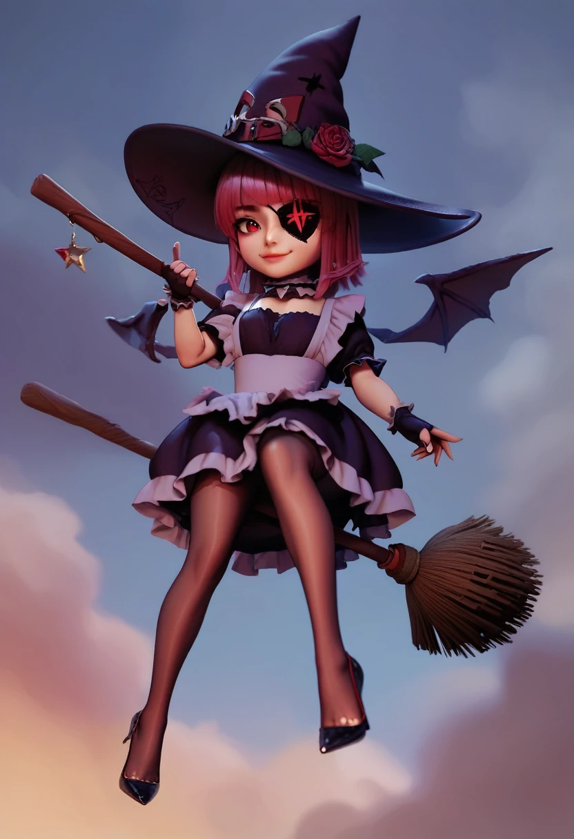 3D, CGI, Anime,  Girl, Witch, short rose red and magenta bangs, rose eyepatch covering right eye, dark purple witch hat with red strap and rose, red eyes, purple with dress, maid-like, brown leggings, green and red heels, brown and gold fingerless gloves, riding broom, flying, night sky, chibi, closed mouth smile