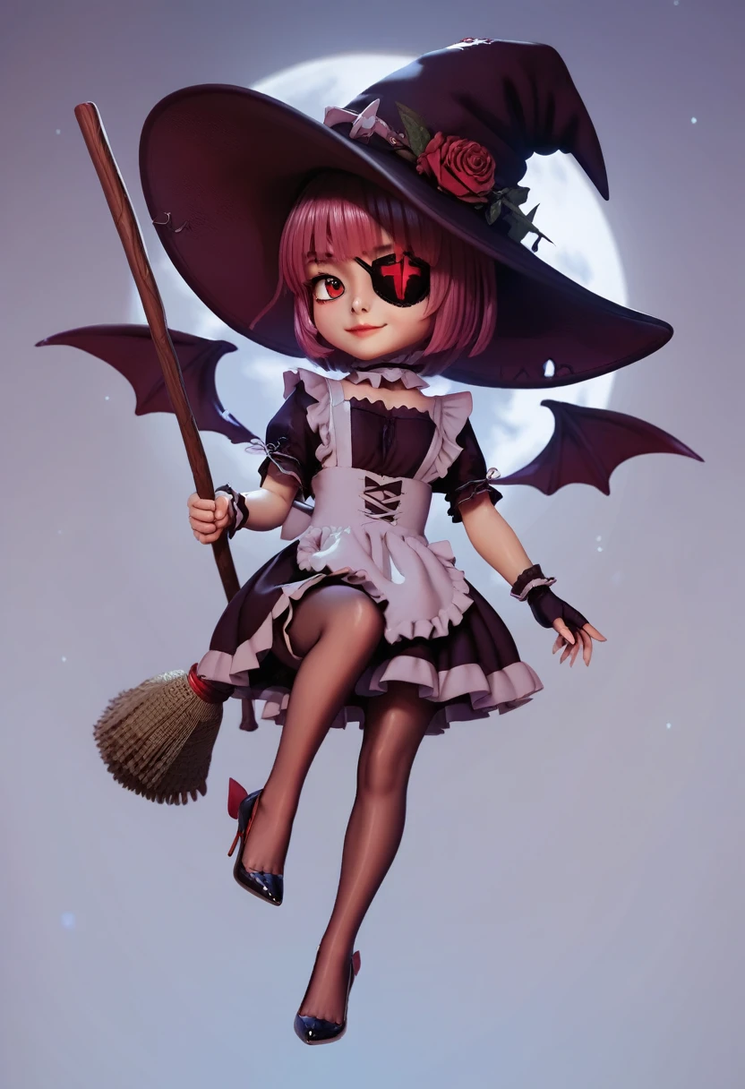 3D, CGI, Anime,  Girl, Witch, short rose red and magenta bangs, rose eyepatch covering right eye, dark purple witch hat with red strap and rose, red eyes, purple with dress, maid-like, brown leggings, green and red heels, brown and gold fingerless gloves, riding broom, flying, night sky, chibi, closed mouth smile