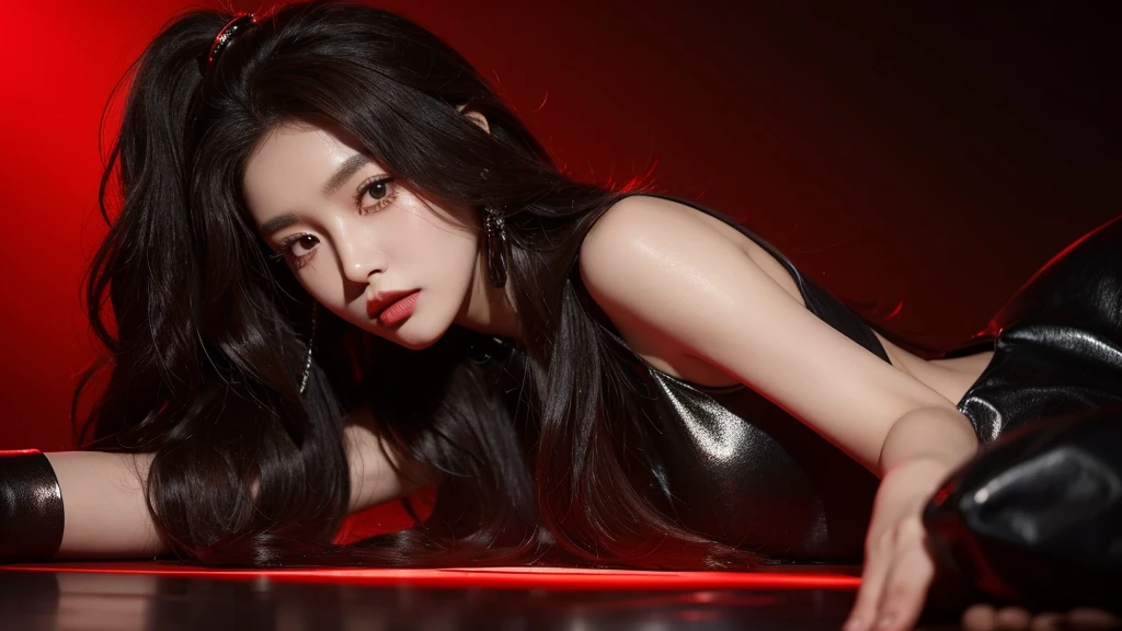 Kpop concept pictures Kpop idol girl with long, wavy brown hair. She wears a black, asymmetrical dress with metallic red accents and high-heeled black boots
Red lights background. Close up shot to her upper body