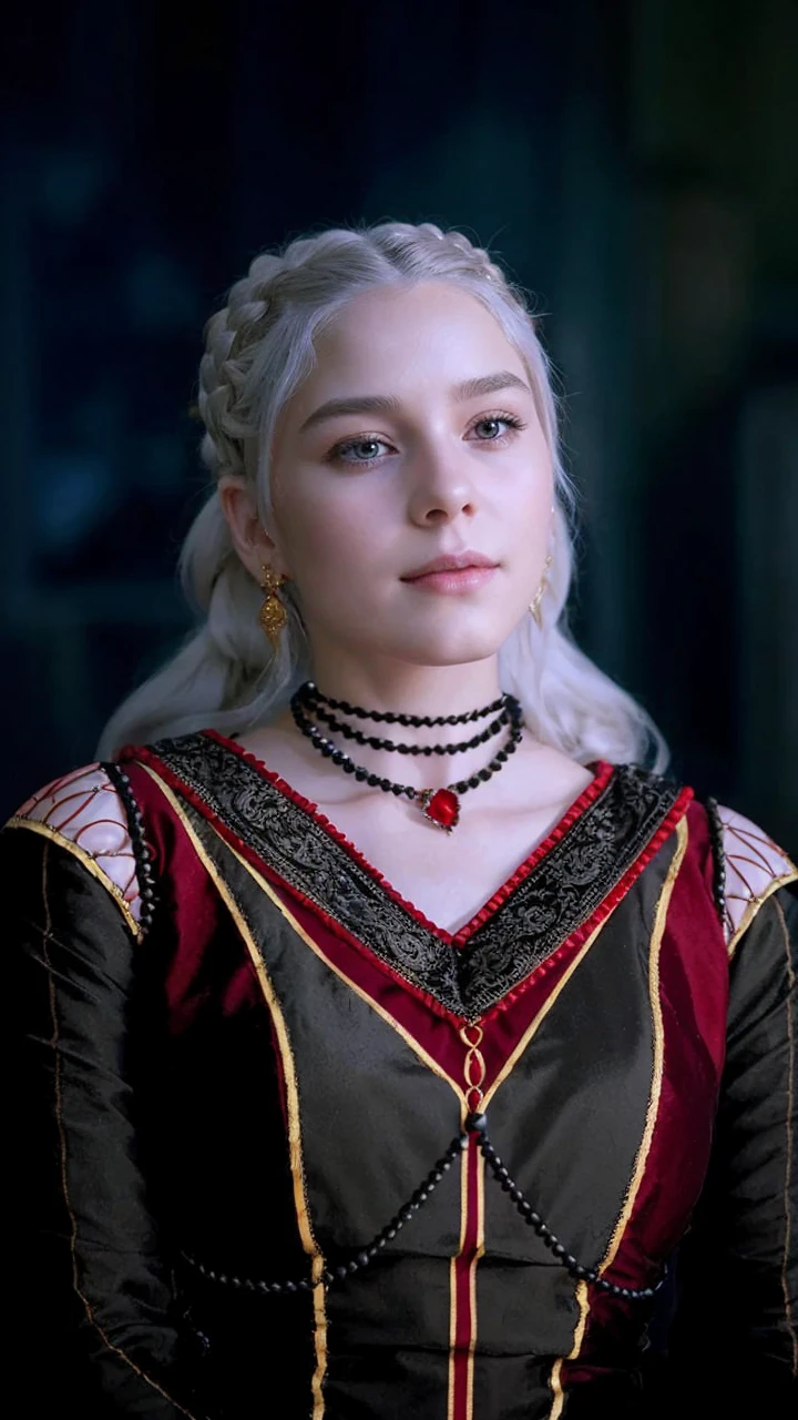 Girl with white wavy hair,side braids,beautiful necklace, Targaryen women hairstyle,beautiful gold tiara, red and black dress