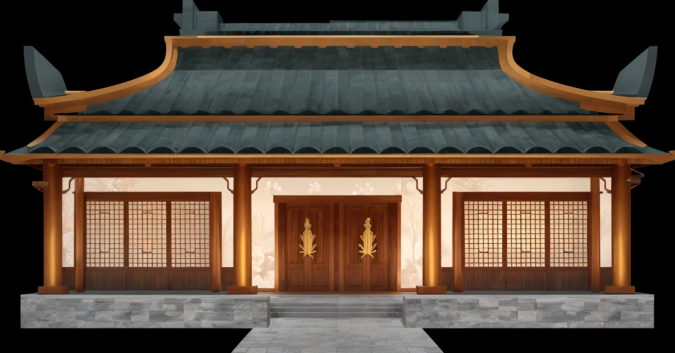 illustration of a traditional chinese building with lanterns and a bird, temple background, zen temple background, background depicting a temple, digital painting of a pagoda, japanese temple, japanese house, korean traditional palace, background art, palace background, chinese building, artwork in the style of z.w. gu, cyberpunk japanese temple, inspired by Shūbun Tenshō