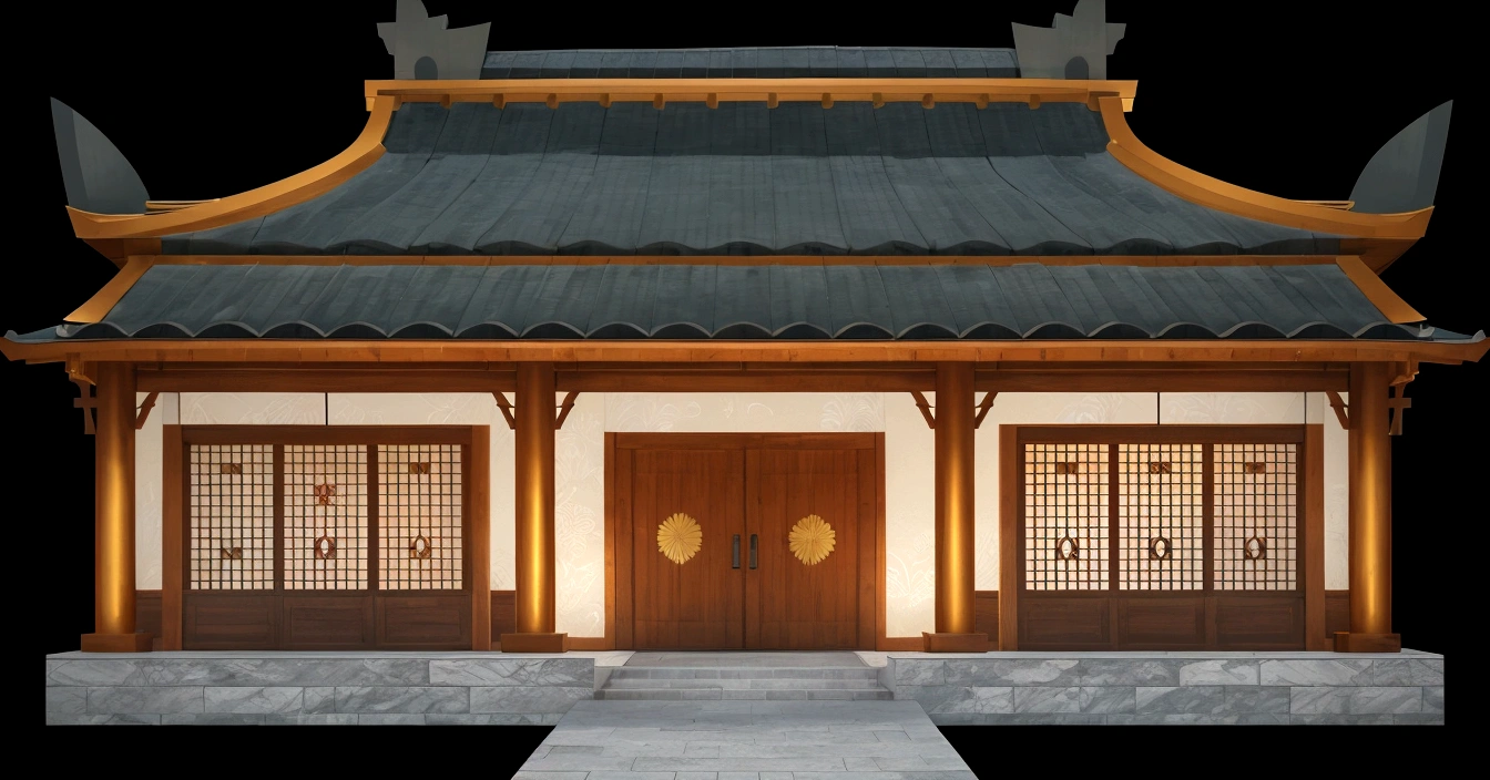 illustration of a traditional chinese building with lanterns and a bird, temple background, zen temple background, background depicting a temple, digital painting of a pagoda, japanese temple, japanese house, korean traditional palace, background art, palace background, chinese building, artwork in the style of z.w. gu, cyberpunk japanese temple, inspired by Shūbun Tenshō