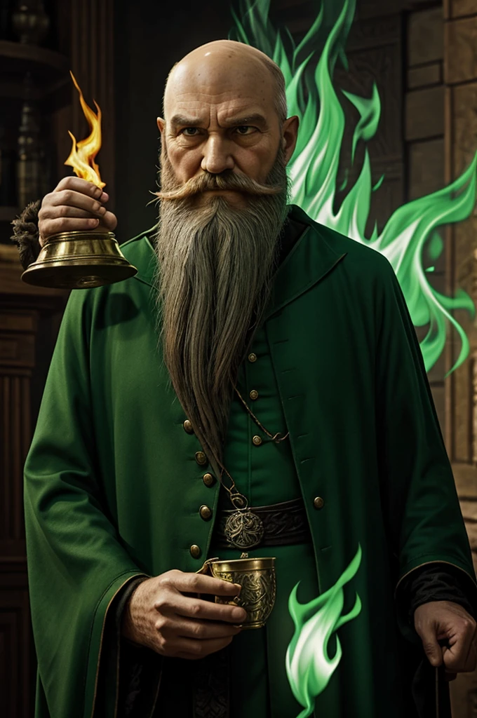 Salazar Slytherin holding a winner's cup, with green fire (old man, bald, with beard, cartoon style, evil)