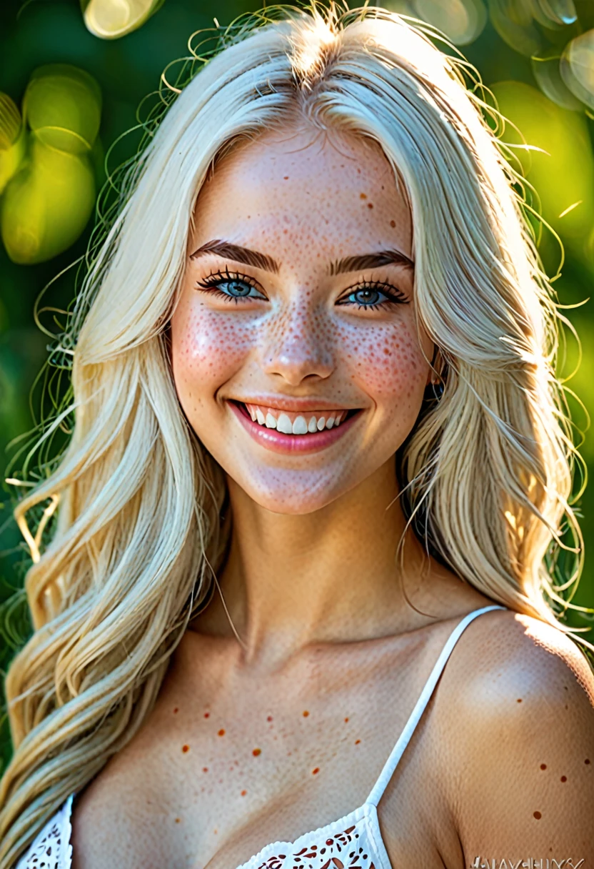 (16k unit color, work of art, maximum quality, highy detailed, Gráficos de computador highy detaileds, beautiful detailed eyes, detailed shadows, Beautiful Russian girl 28 summer height 180, big buttocks, pay attention to the smooth vagina, completely naked, long white hair, Fees, Posing for Photos, beautiful smile Ultra high definition with freckles