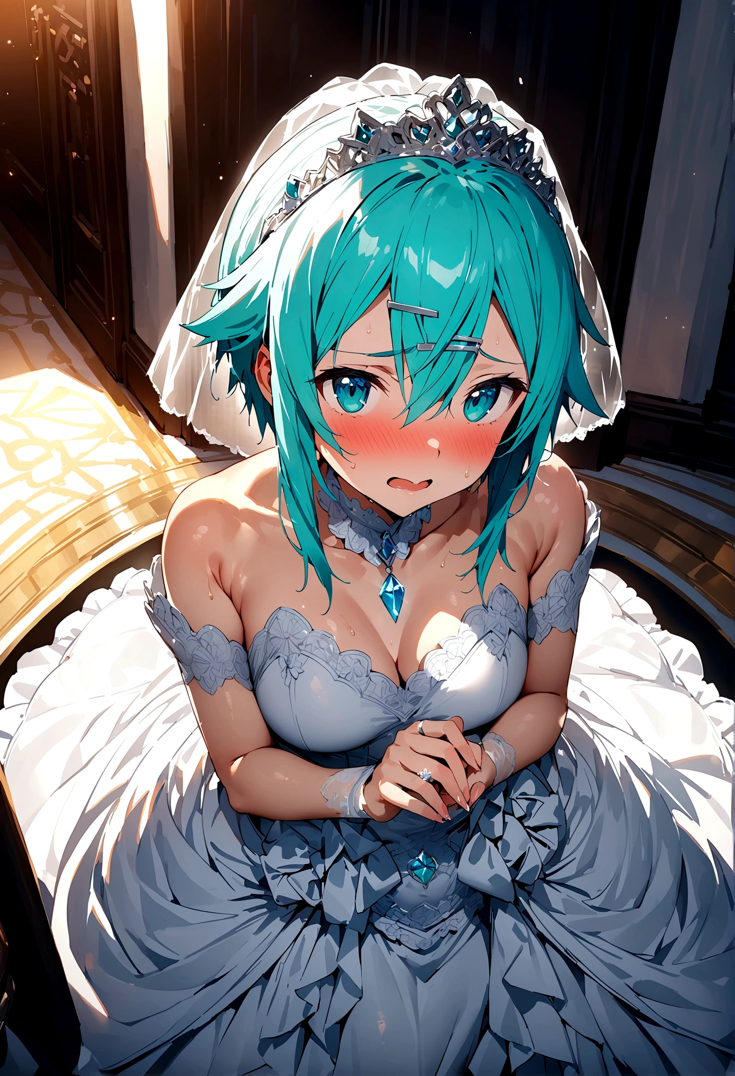 NSFW,masterpiece,Highest quality,High resolution,Super detailed,Sinon\(Sword Art Online\),(High quality sexy wedding dress),High-quality wedding lingerie,Wedding Veil,Open clothes,tiara,gem, hair ornaments, Hair Clip,wedding ring,Embarrassed,expectant face,blush,Church at night in the moonlight,Luxurious Room,wedding,From above
