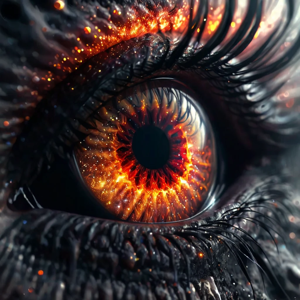 Imagine an eye crafted from the very essence of a star, its form a mesmerizing blend of celestial and monstrous attributes, yet fitting seamlessly into the visage of your character. The outer edge of this eye glows with a smoldering, royal gold that exudes an eerie warmth, akin to the surface of a sun. As you move closer to the iris, the color deepens into a blood-red, forming intricate, swirling patterns reminiscent of the cosmos, with flecks of luminous gold embedded within the red, resembling stars in a distant galaxy.

The sclera is an inky black, providing a stark contrast that amplifies the otherworldly glow of the iris. The pupil is elongated and slit-like, shifting and contracting as if harboring a life of its own, giving the impression of a predatory focus, perfect for a character with an intense, otherworldly presence. Tiny, jagged red veins radiate from the pupil, pulsing with a dark, ominous energy, adding to the eye's intimidating aura.

Contained within the structure of the eye are wisps of ethereal, red-gold cosmic energy and smoke. These nebulous clouds echo the remnants of stars long extinguished, swirling and drifting in a controlled, captivating dance. This blend of colors and textures creates a sense of depth and infinite complexity, making the eye seem both ancient and otherworldly, a window into the birth and death of stars while maintaining its form as a singular, cohesive entity that enhances your character's mysterious and powerful appearance.