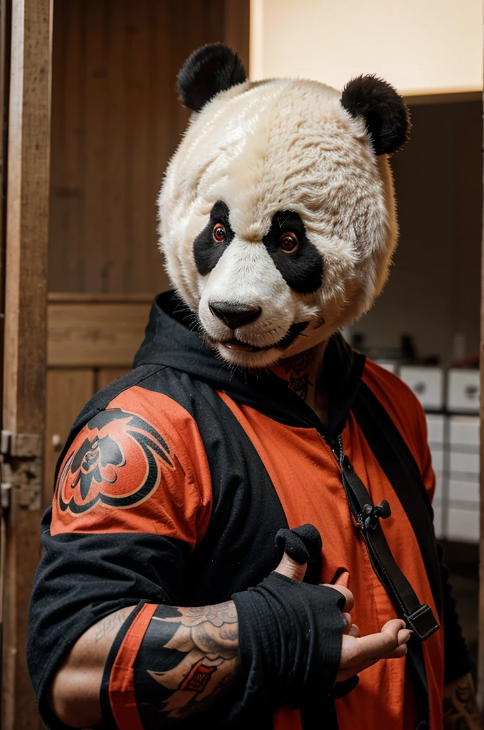 man, china, in war clothes, panda mask, coloured Red, strong, angry, muscular, Mandarin tattooed