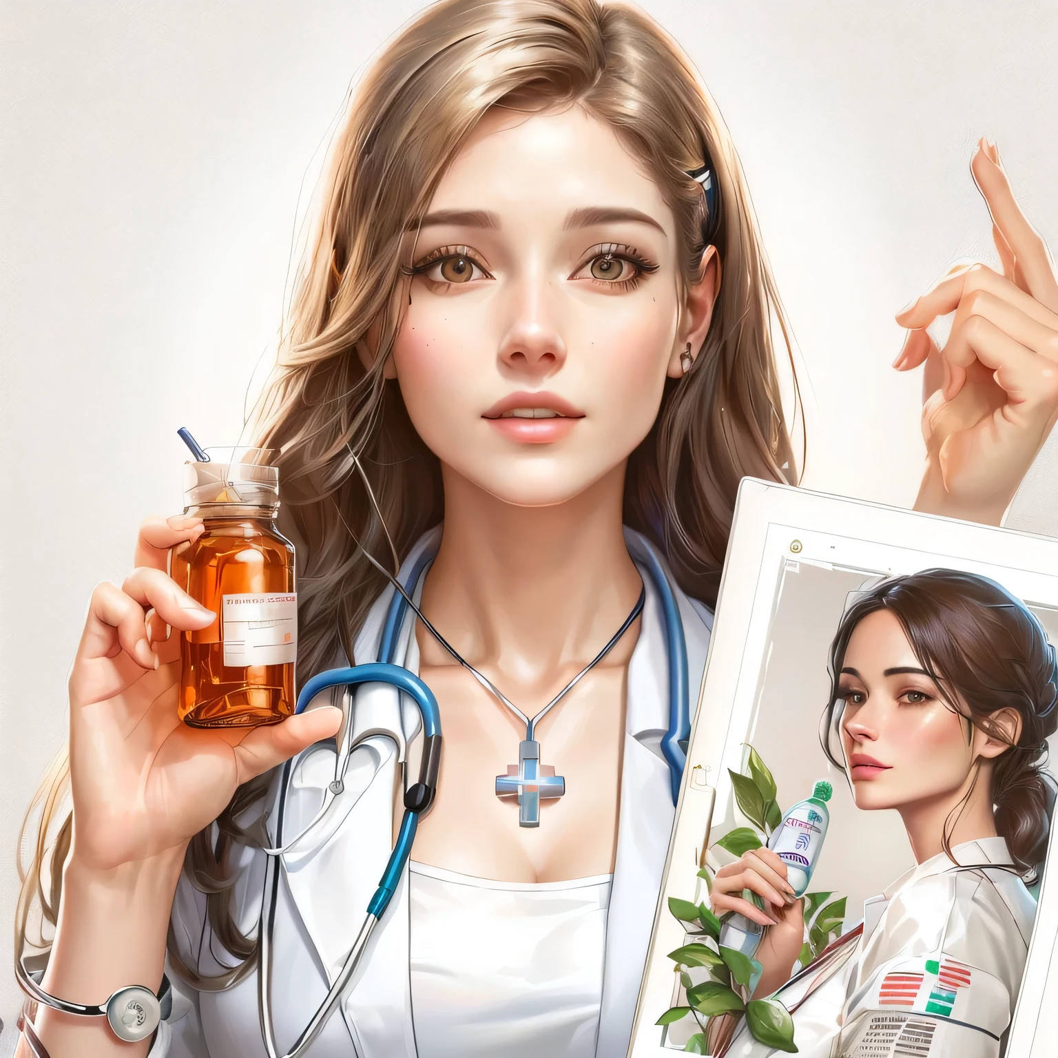 arafed woman holding a picture of a nurse and a bottle of medicine, medical doctor, doctor, realistic digital illustration, doctors mirror, nurse girl, exquisite digital illustration, beautiful digital illustration, realistic artstyle, stunning digital illustration, realistic digital art 4 k, (doctor), realistic digital art 4k, digital ilustration, photorealistic artstyle, illustration art