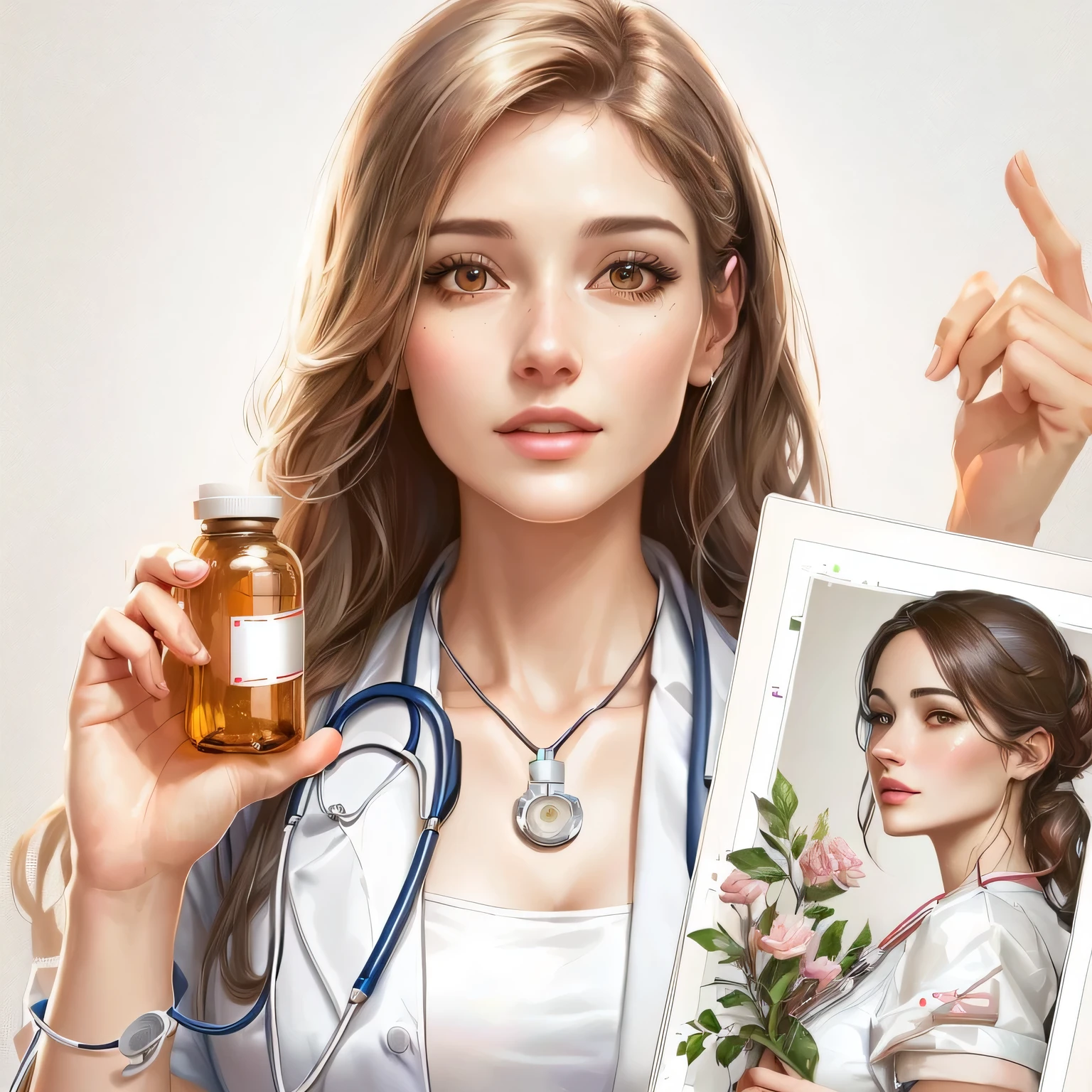 arafed woman holding a picture of a nurse and a bottle of medicine, medical doctor, doctor, realistic digital illustration, doctors mirror, nurse girl, exquisite digital illustration, beautiful digital illustration, realistic artstyle, stunning digital illustration, realistic digital art 4 k, (doctor), realistic digital art 4k, digital ilustration, photorealistic artstyle, illustration art
