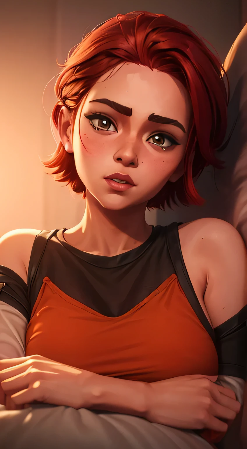 Amazing portrait of a sexy and cute girl with a short bob hairstyle and a seductive gaze who is blushing intensely with parted lips and is desperate and flustered and lustful wearing an off shoulder orange t shirt showcasing her bare shoulder while lying on bed