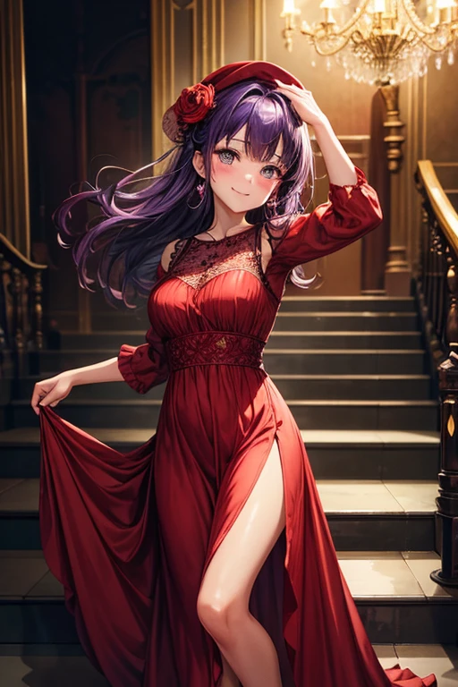 (Masterpiece), Best Quality, expressive eyes, a perfect face, 1 girl, Alone, purple hair, Brown eyes,  mom, SMILE, blush, long dress, loose dress, wide dress at the bottom, Red dress, dance room dress, dance room, long red gloves, go down the stairs, holds the dress, look at the viewer, inside, dark lighting, chandelier light