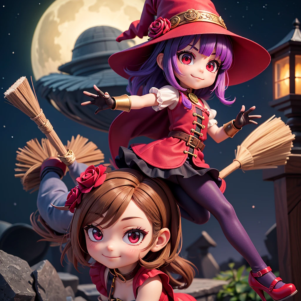 3D, CGI, Anime,  Girl, Witch, short rose red and magenta bangs, rose eyepatch covering right eye, dark purple witch hat with red strap and rose, red eyes, purple with dress, brown leggings, green and red heels, brown and gold fingerless gloves, riding broom, flying, night sky, chibi, closed mouth smile