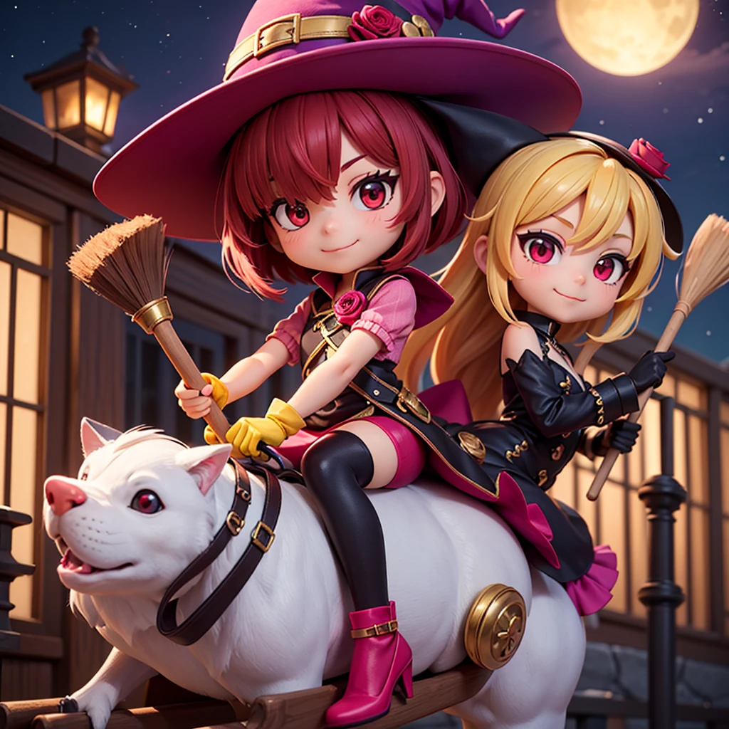 3D, CGI, Anime,  Girl, Witch, short rose red and magenta bangs, rose eyepatch covering right eye, dark purple witch hat with red strap and rose, red eyes, purple with dress, brown leggings, green and red heels, brown and gold fingerless gloves, riding broom, flying, night sky, chibi, closed mouth smile