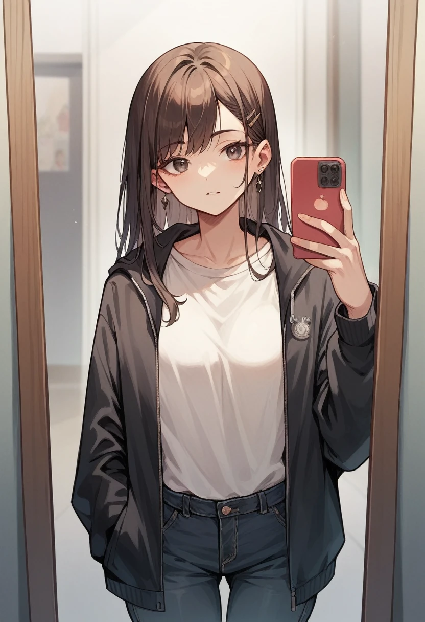 A beauty brunette girl using a black jacket taking a selfie with an iPhone in front of the mirror