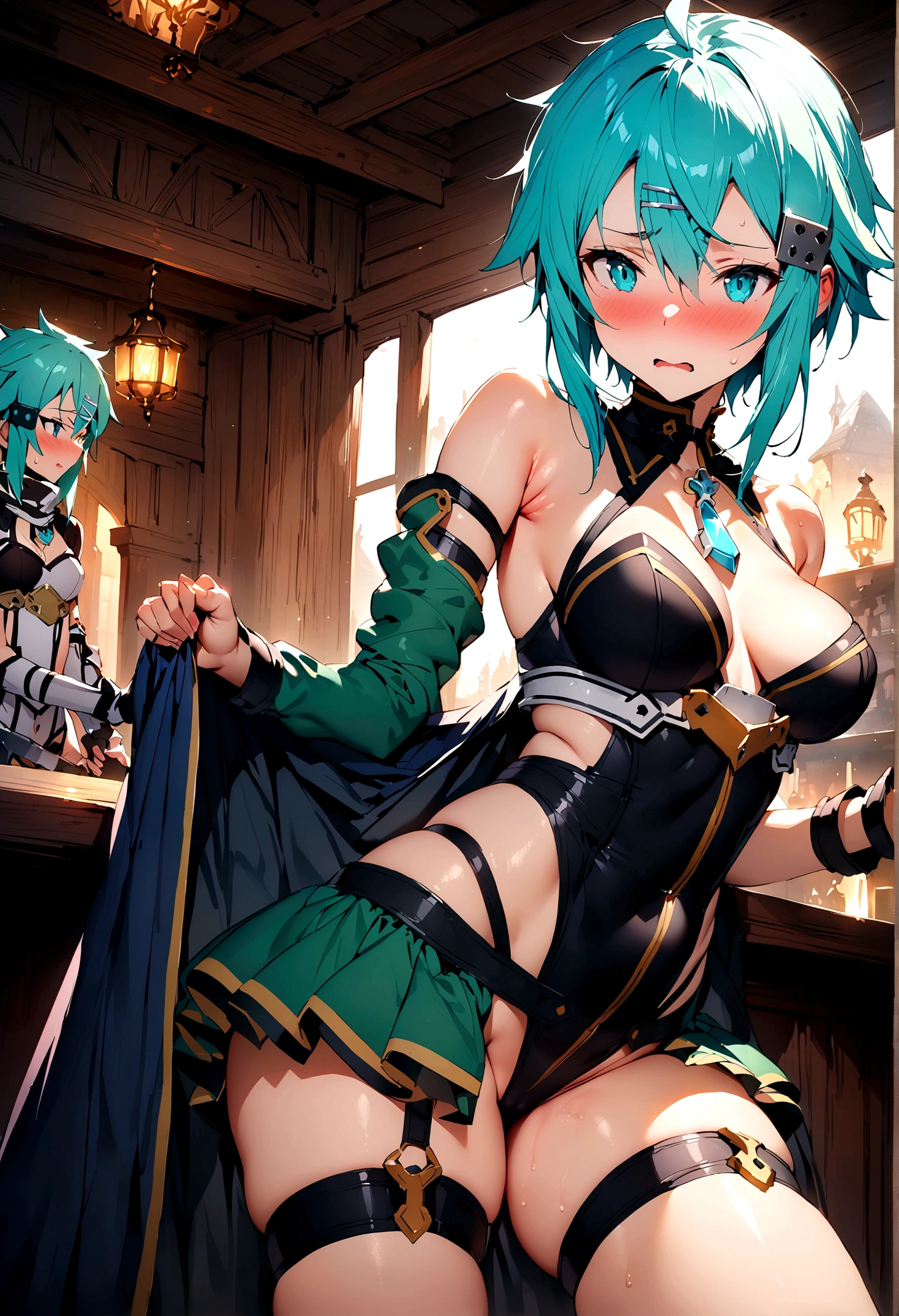 NSFW,masterpiece,Highest quality,High resolution,Super detailed,Sinon\(Sword Art Online\),Bare shoulders,Removable sleeves,Hand guard,leotard,Cape,Frilled mini skirt,gem, hair ornaments, Hair Clip,Thigh straps,Embarrassed,Expecting face,(Lust),(Estrus),blush,Fantasy,inn,Reception counter