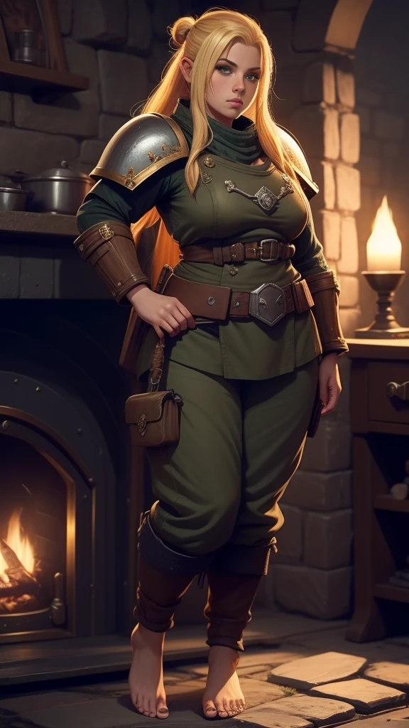 warhammer 40k imperial guardsman, female dwarf. blonde hair, (((large feet))), ((barefoot)), hairs on feet, bare hand, hobbit, pants, chest armor, hobbit foot, hafling foot