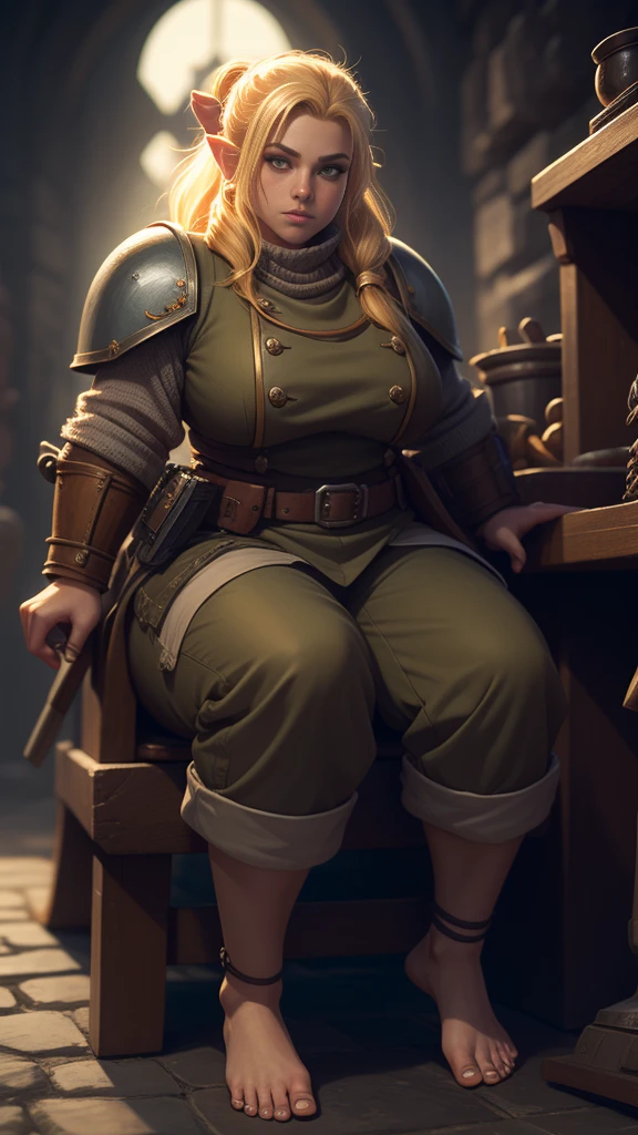 warhammer 40k imperial guardsman, female dwarf. blonde hair, (((large feet))), ((barefoot)), hairs on feet, bare hand, hobbit, pants, chest armor, hobbit foot, hafling foot