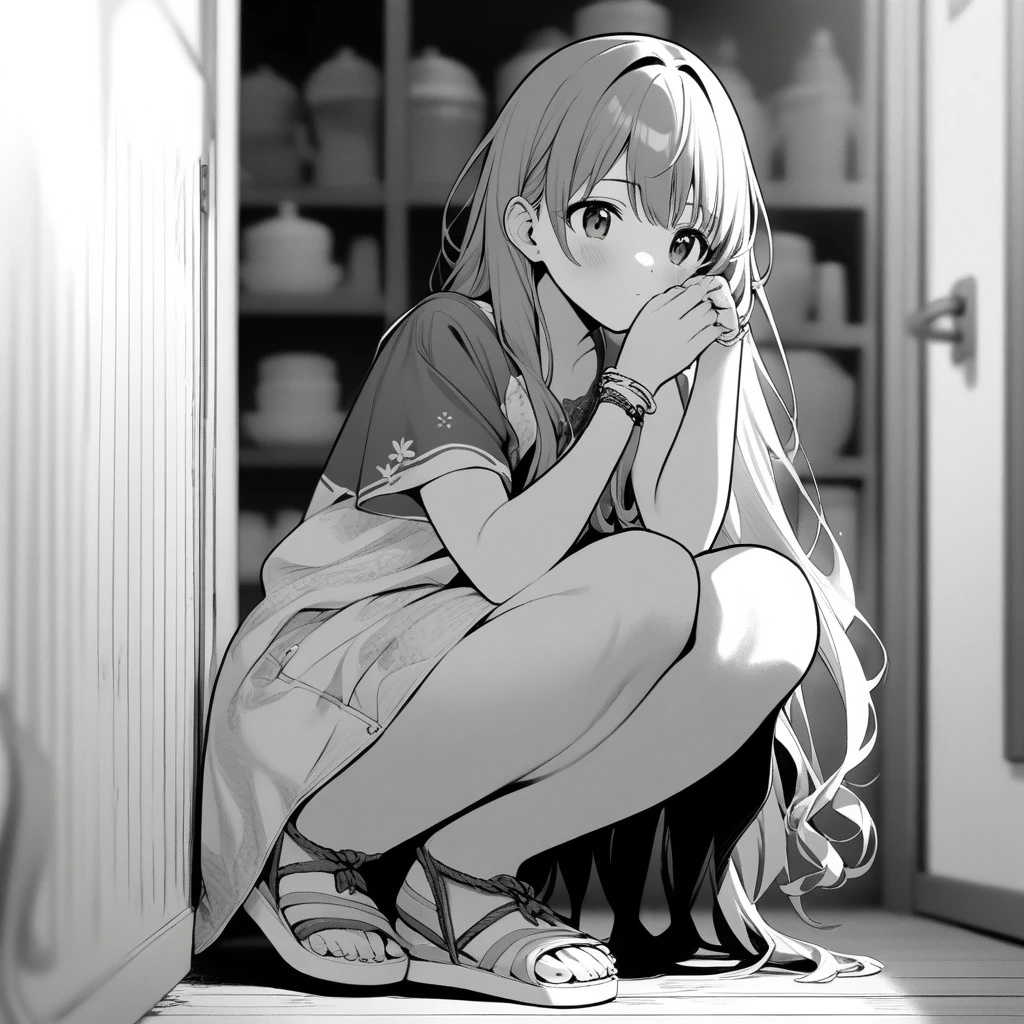 1girl, rei \(rei's room\), idolmaster, gakuen idolmaster, shinosawa hiro, aged down, bracelet, , comic, greyscale, hand on another's leg, jewelry, long hair, sandals, shoes, sneakers, squatting, very long hair, blurry background, newest, best quality masterpiece, greyscale, manga style, japanese, chi no wadachi, iced, lineart, official art, intricate details, ((very aesthetic, best quality, ultra detailed))