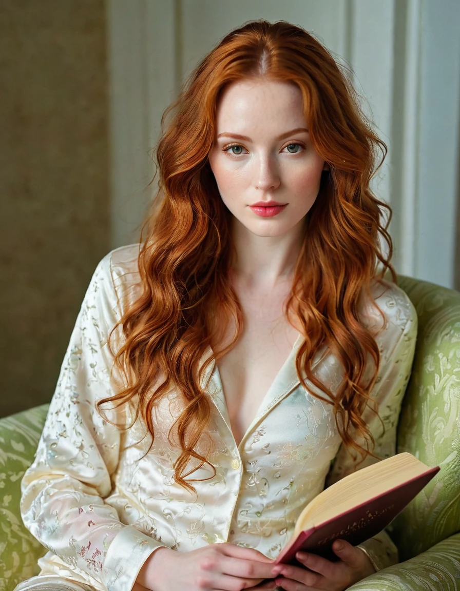 Photography full body, whole body of a very beautiful realistic girl, on the armchair,reading a book, wear pajamas, porcelain skin, very light skin, very pale skin, redhead, wavy, open hair, Detail of skin structure, hazel eyes, Slit eyes, small-nose, small nostril, think of arched eyebrows, thick lower lip, seductive glance, happy face, unique face, foto realista, Masterpiece Image, sharp image, evening, dark light, candlelight