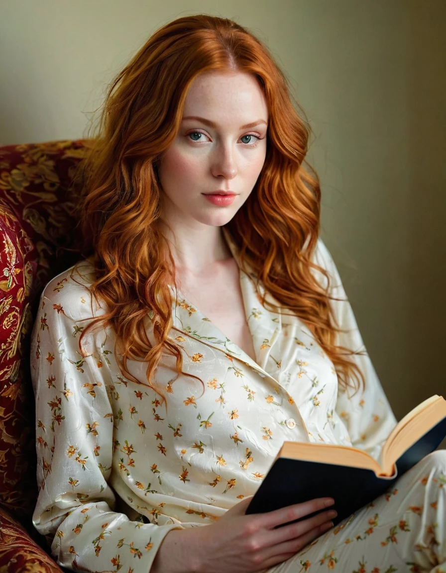 Photography full body, whole body of a very beautiful realistic girl, on the armchair,reading a book, wear pajamas, porcelain skin, very light skin, very pale skin, redhead, wavy, open hair, Detail of skin structure, hazel eyes, Slit eyes, small-nose, small nostril, think of arched eyebrows, thick lower lip, seductive glance, happy face, unique face, foto realista, Masterpiece Image, sharp image, evening, dark light, candlelight

