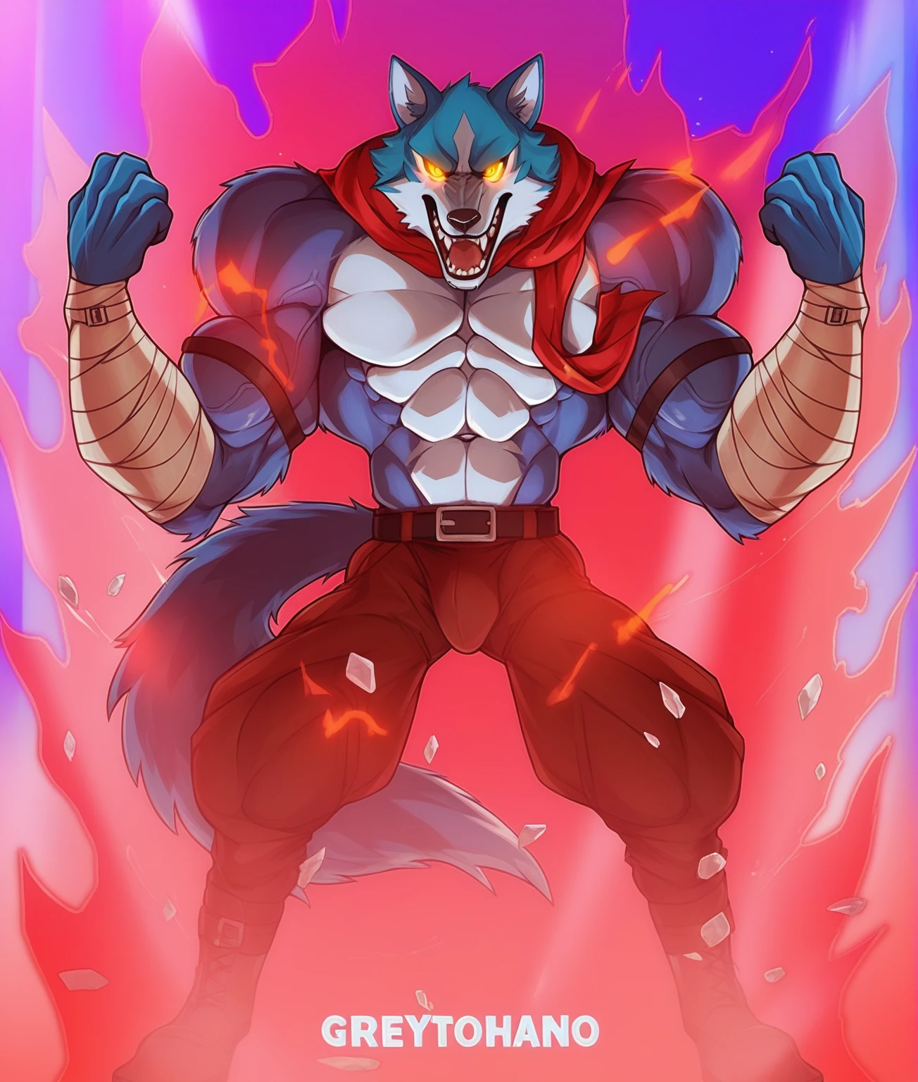 shirou ogami, wolf anthro, muscular, body-builder, lobo, the second, large pectorals, venous muscles, Huge muscles, thin waist, flexing, wearing speedo, smiling, full body