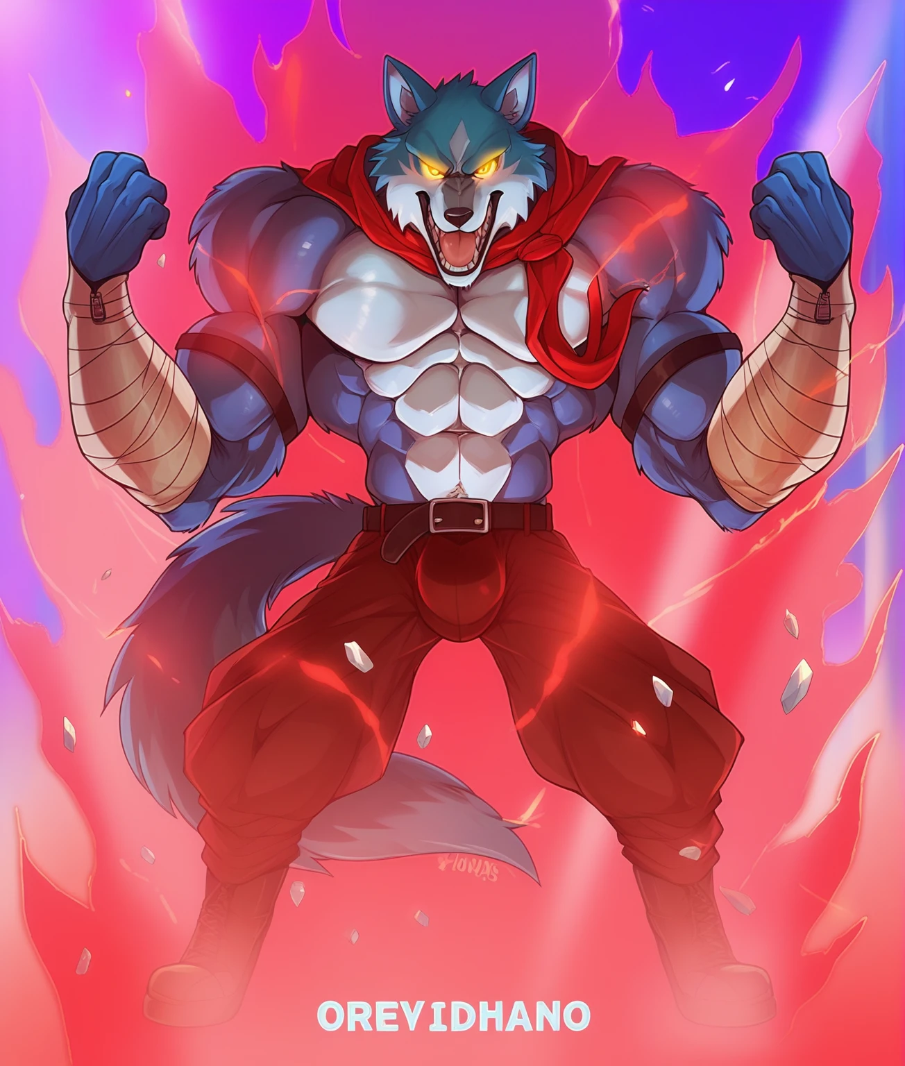 shirou ogami, wolf anthro, muscular, body-builder, lobo, the second, large pectorals, venous muscles, Huge muscles, thin waist, flexing, wearing speedo, smiling, full body