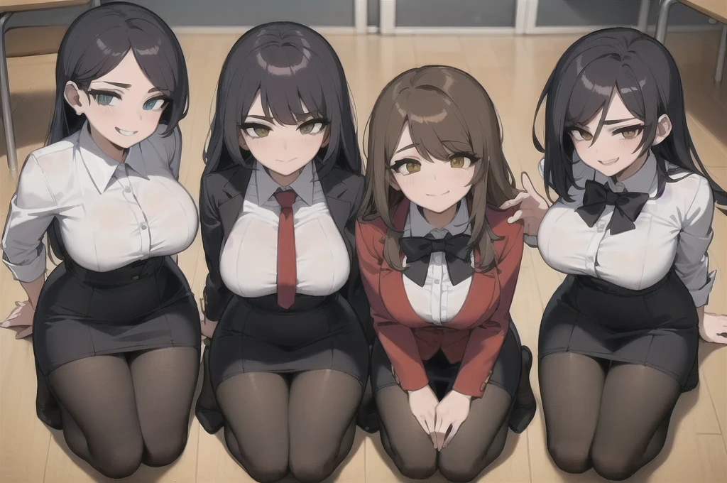 four sexy women who are wives of boy, looking at camera, cute smiles, portrait, various hair, teachers outfits, stocking, kneeling