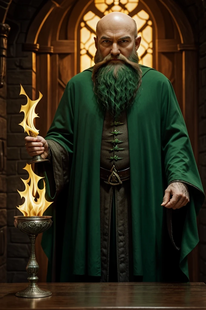 Salazar Slytherin holding a winner's cup, with green fire (old man, bald, with beard, cartoon style, evil) medieval