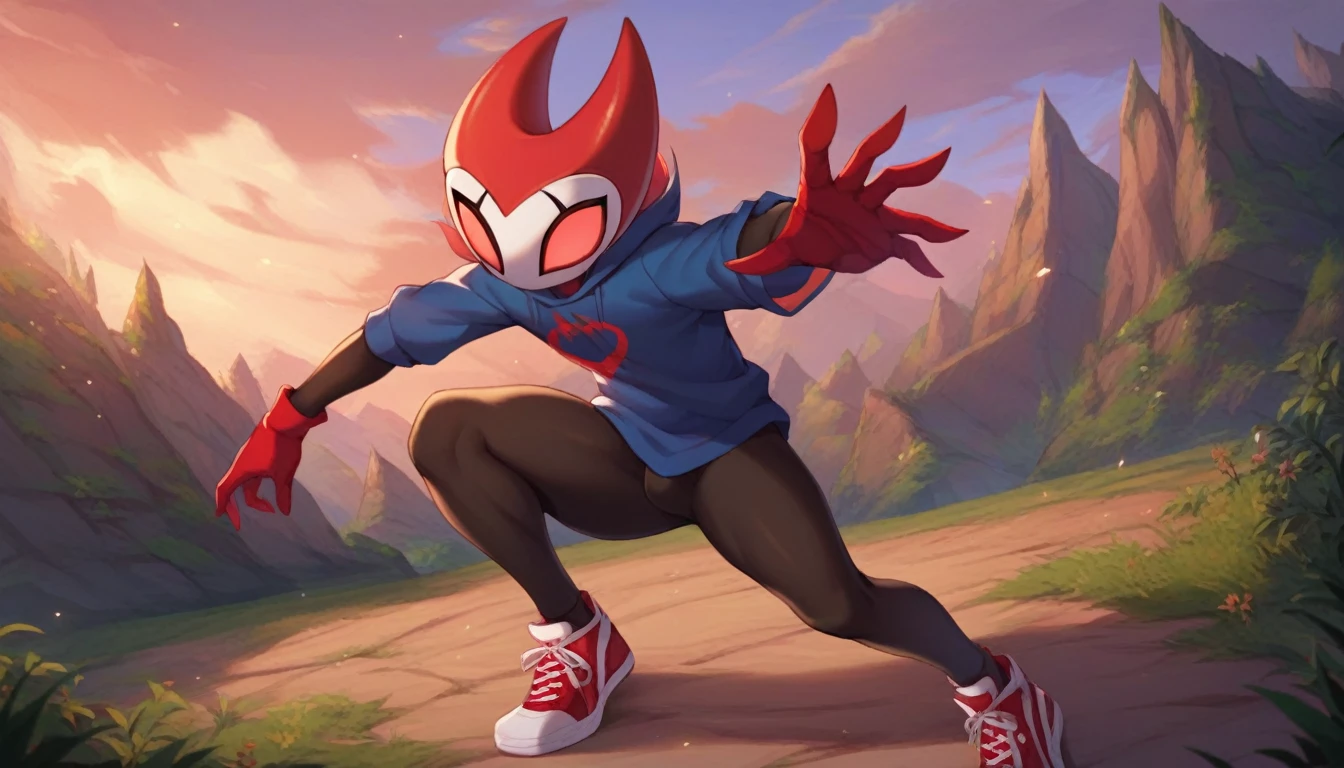 score_9, score_8_up, score_7_up, score_6_up, zPDXL2, grimm \(hollow knight\), vampire, bat, 1boy, solo, cute face, detailed eyes, anthro, landscape, looking at the viewer, highlight thighs, red sports gloves, sneakers, blue hooded sweatshirt, outdoor, In the woods, front view, from front, cool pose