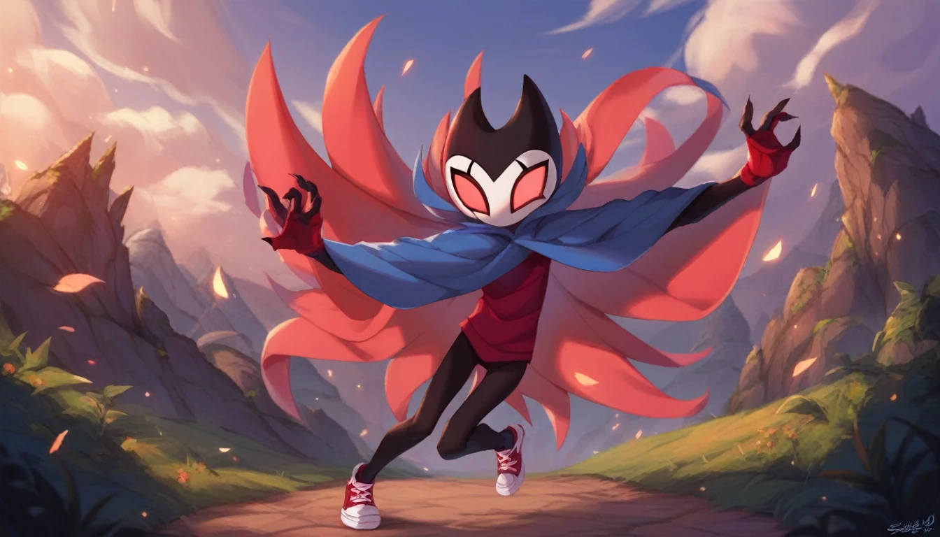 score_9, score_8_up, score_7_up, score_6_up, zPDXL2, grimm \(hollow knight\), vampire, bat, 1boy, solo, cute face, detailed eyes, anthro, landscape, looking at the viewer, highlight thighs, red sports gloves, sneakers, blue hooded sweatshirt, outdoor, In the woods, front view, from front, cool pose