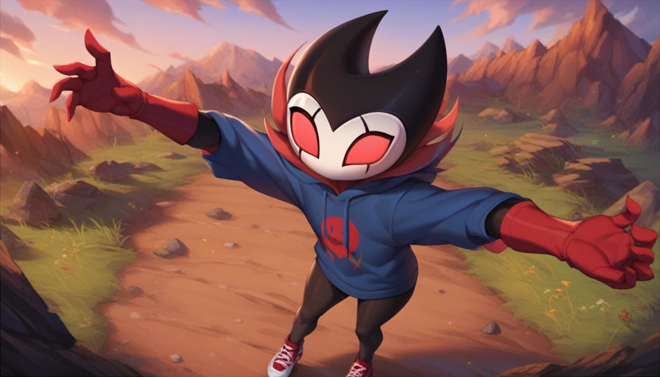 score_9, score_8_up, score_7_up, score_6_up, zPDXL2, grimm \(hollow knight\), vampire, bat, 1boy, solo, cute face, detailed eyes, anthro, landscape, looking at the viewer, highlight thighs, red sports gloves, sneakers, blue hooded sweatshirt, outdoor, In the woods, front view, from front, cool pose