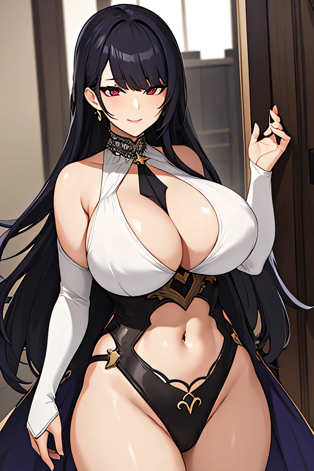 [a handsome, sexy mature woman with a seductive smile and parted lips stands against a white background. darkskin, She has sharp eyelashes, eyes browns, and long black hair with bangs. His figure is voluptuous, with a narrow waist, Broad Hips, and huge breasts. The image has an impact, Genshin-inspired style, rendered in high detail and HDR quality as a stunning work of art.]