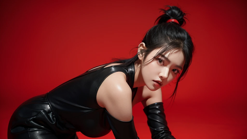 Kpop concept pictures Kpop idol girl with jet-black hair styled in a high ponytail. She wears a black, form-fitting jumpsuit with red detailing and ankle boots.
Red lights background. Close up shot to her upper body