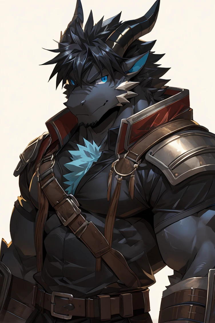 (by sollyz),dragon,white and black body,detail face, detail eyes, detail,male,(naked),pants,furry, short hair,(mercenary)
,blue eyes,black body,black hair,handsome,simple background,
strong,epic,
