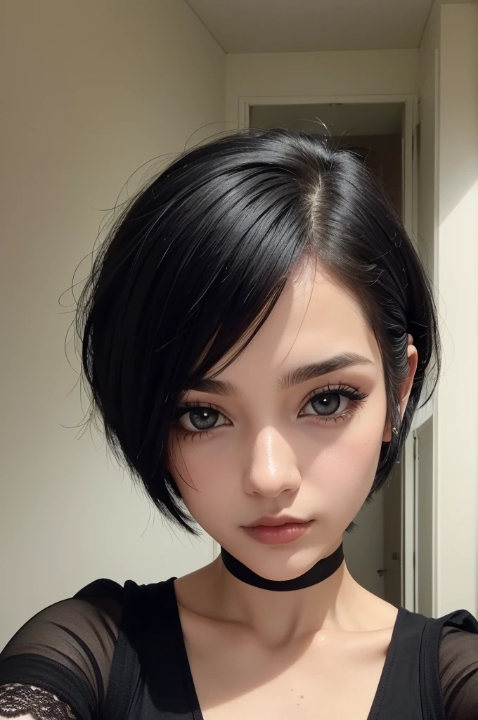 Selfie de uma garota emo (really short hair) (black hair) (olhos castanhos claros) (all dressed in black)