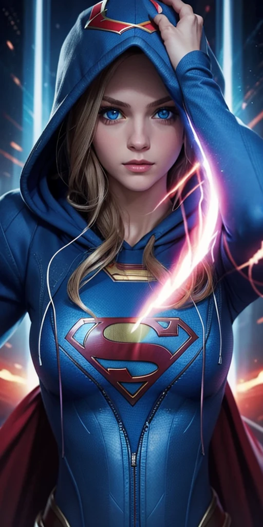Supergirl, in a hoodie, shining blue eyes, Beautiful woman