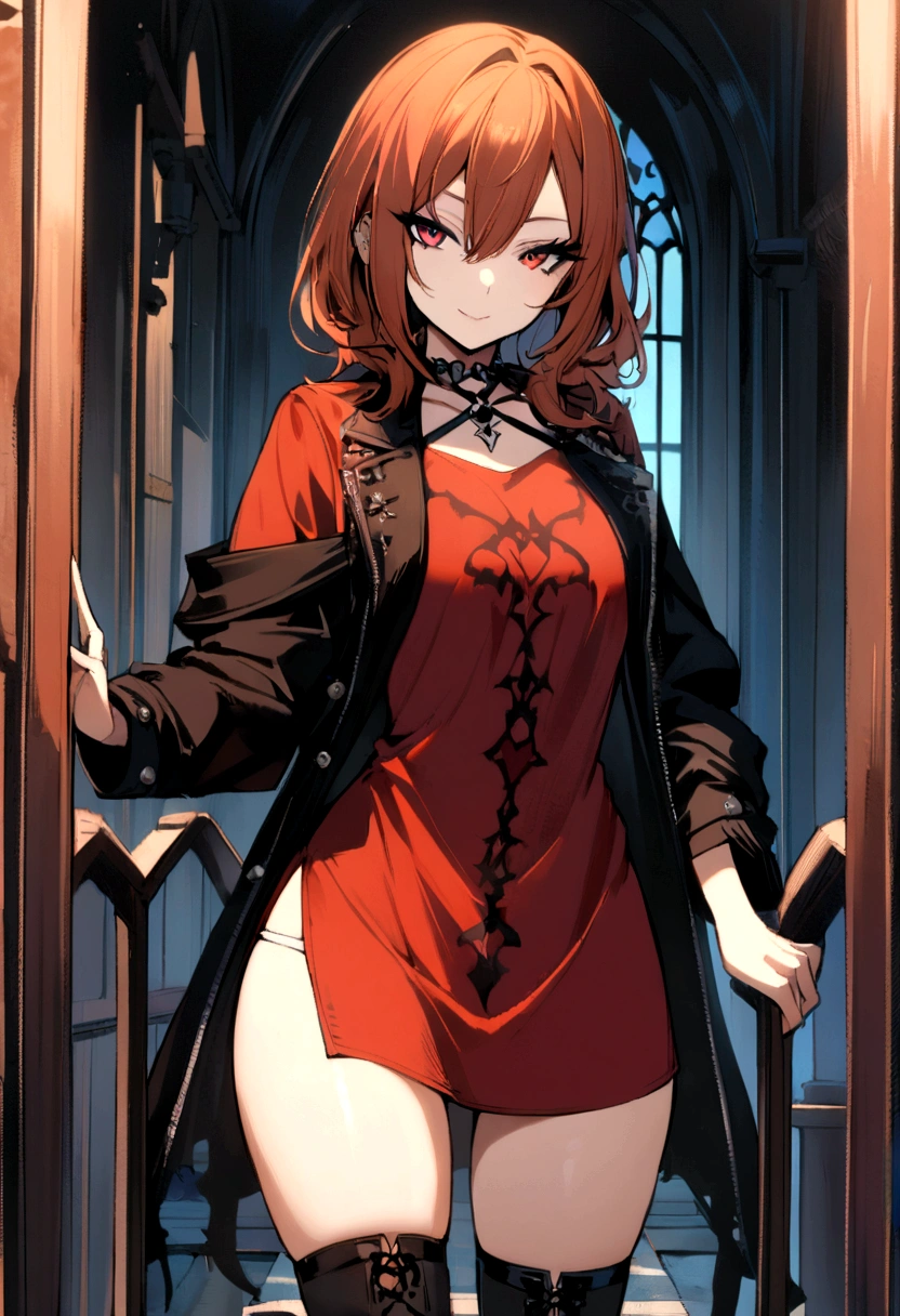 1 girl,wearing a large shirt that reaches the thighs, a jacket, written ´´Harl´´ on it,with a seductive look, and dashing smile.,Gothic style., vibrant colors., russet hair