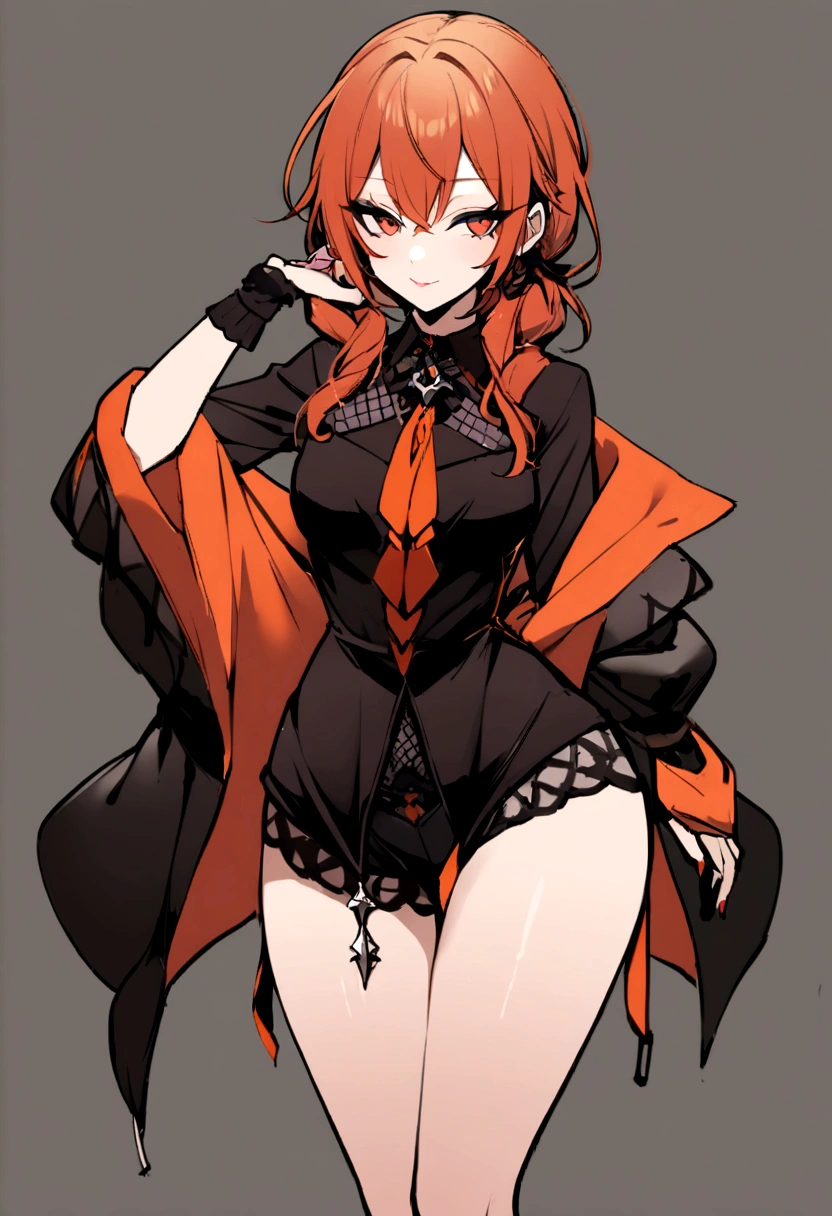 1 girl,wearing a large shirt that reaches the thighs, a jacket, written ´´Harl´´ on it,with a seductive look, and dashing smile.,Gothic style., vibrant colors., russet hair