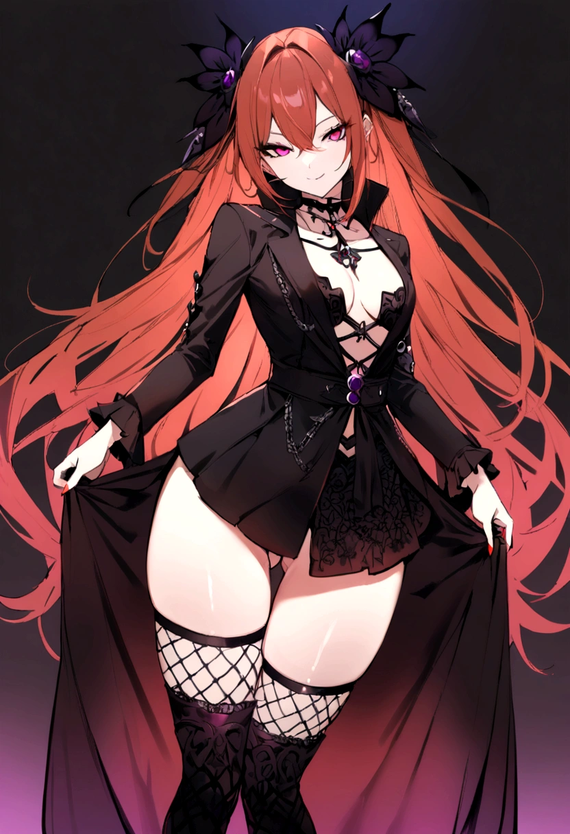 1 girl,wearing a large shirt that reaches the thighs, a jacket, written ´´Harl´´ on it,with a seductive look, and dashing smile.,Gothic style., vibrant colors., russet hair