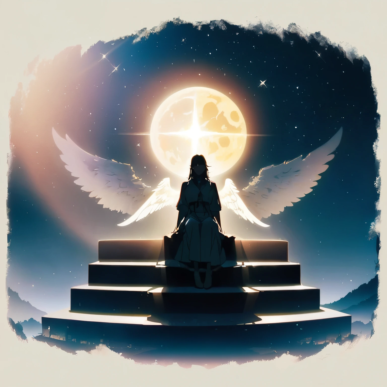 (best quality,8k,highres, masterpiece:1.2), dramatic lighting,Multiple angels, night sky, outdoors, beard, spotlight from the sky, ladder from the earth to the moon, angels sitting on steps here and there, double exposure,(anime style)shining angel wings,