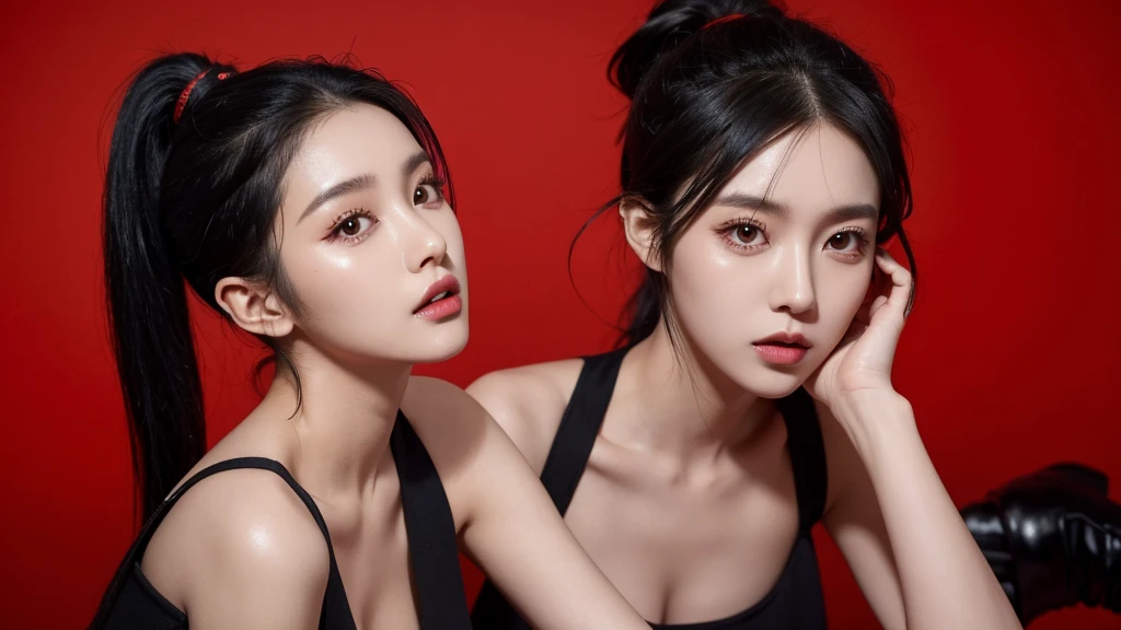 Kpop concept pictures Kpop idol girl with jet-black hair styled in a high ponytail. She wears a black, form-fitting jumpsuit with red detailing and ankle boots.
Red lights background. Close up shot to her upper body