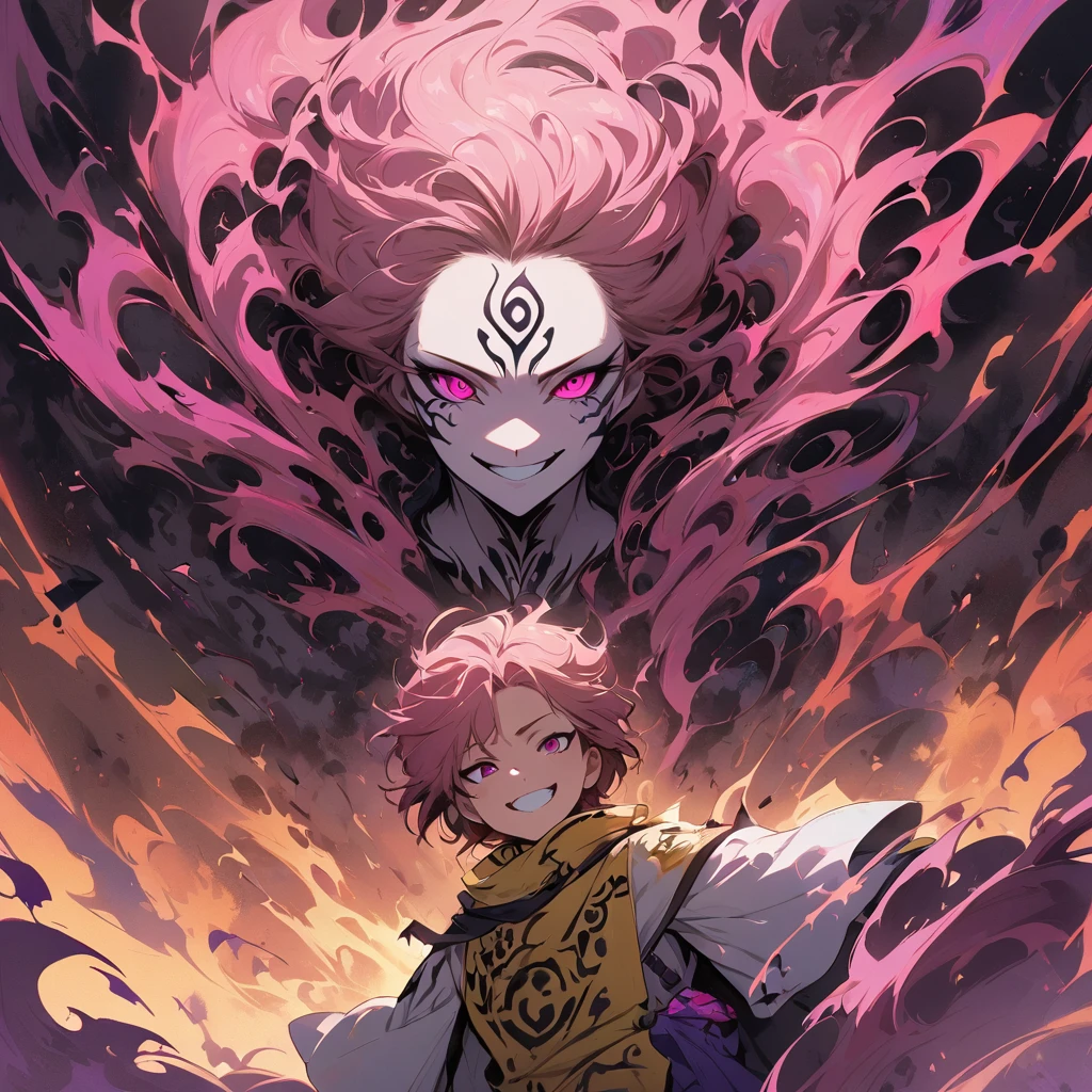 1 male Sukuna, the King of Curses, with his distinctive pink hair, multiple eyes, and menacing smile, standing amidst a dark and ominous background.