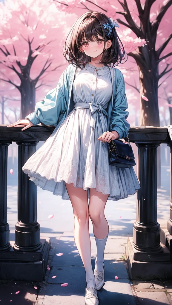 The girl is wearing a light blue cardigan over a floral frock. The frock is white with a blue floral pattern, and it appears to be knee-length. She has on black thigh-high socks and is carrying a small pink handbag. Her pose is slightly bent forward, with one hand near her face and the other holding the handbag. She has long, dark brown hair and a gentle smile, standing in a setting with blooming cherry blossoms.