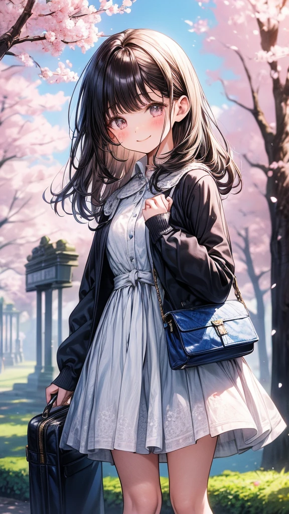 The girl is wearing a light blue cardigan over a floral frock. The frock is white with a blue floral pattern, and it appears to be knee-length. She has on black thigh-high socks and is carrying a small pink handbag. Her pose is slightly bent forward, with one hand near her face and the other holding the handbag. She has long, dark brown hair and a gentle smile, standing in a setting with blooming cherry blossoms.